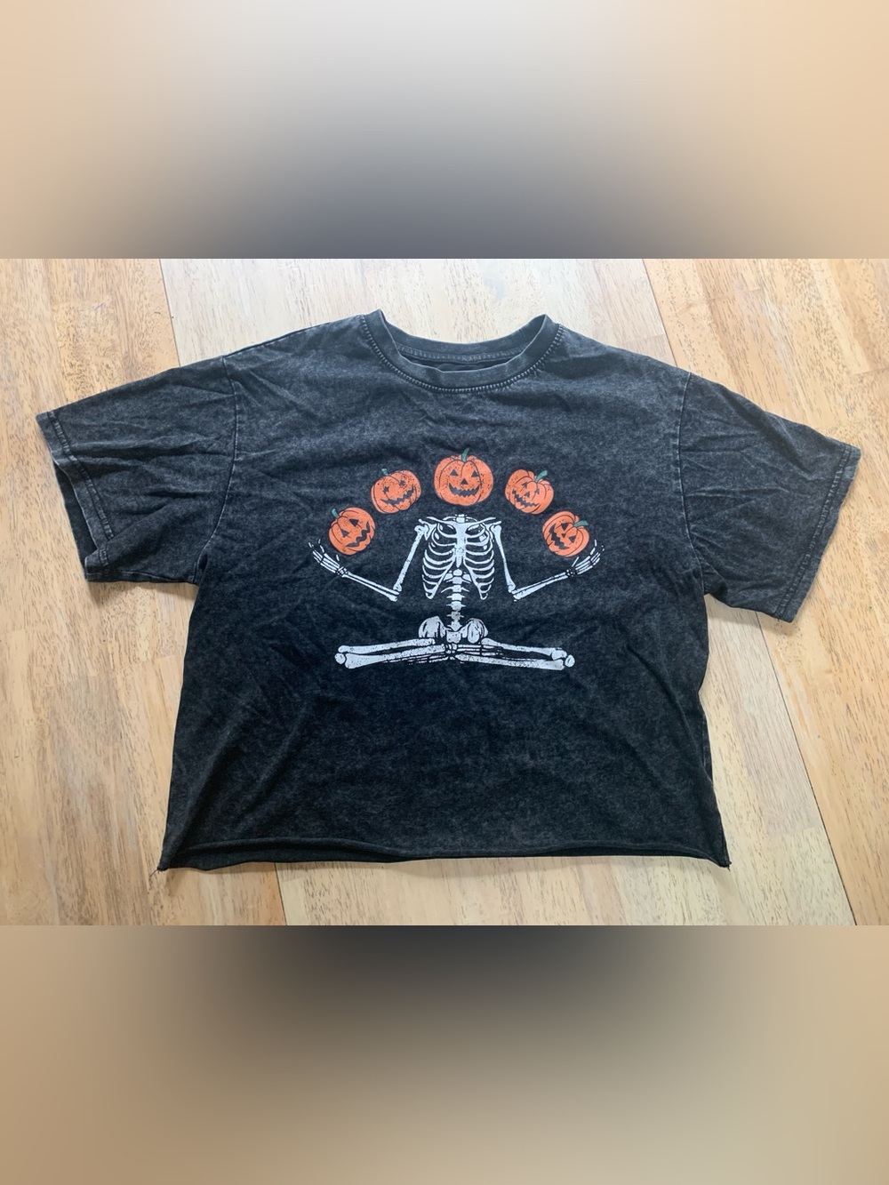 Mighty Fine Women’s Black Crop Tee with Skeleton and Orange Jack-O'-Lanterns szS